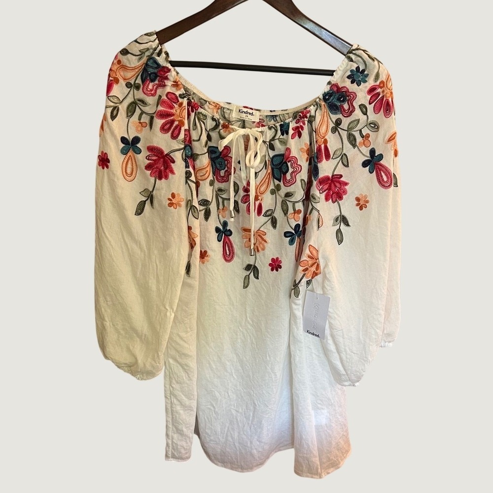 Kindred Women 2X White Embroidered Floral Peasant Blouse Boho 3/4 Sleeve Top NWT